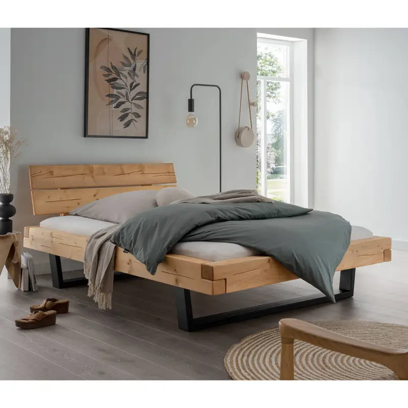 Highlight Massivholz Doppelbett, 140x200 cm, Fichte massiv, Holzkopfteil, schwarze Metallkufen, UPPSALA-137, B/H/T ca. 158/88/228 cm