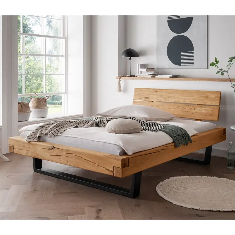 Massivholz Doppelbett, 180x200 cm, Eiche massiv, Holzkopfteil, schwarze Metallkufen, UPPSALA-137, B/H/T ca. 198/88/228 cm Versand Am Gleichen Tag