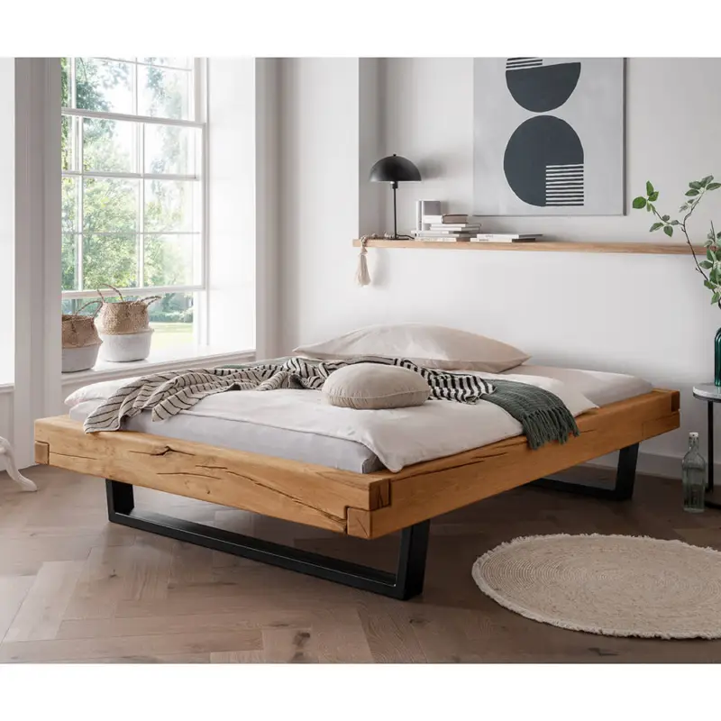 Massivholz Doppelbett, 160x200 cm, Eiche massiv, ohne Kopfteil, schwarze Metallkufen, UPPSALA-137, B/H/T ca. 178/42/228 cm Sonderangebot
