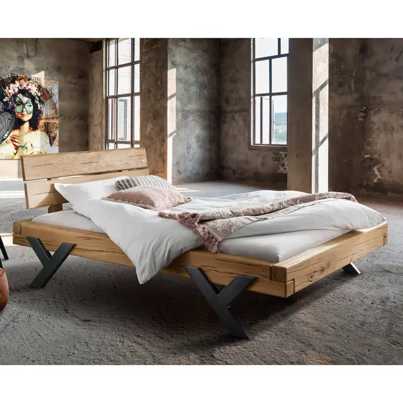 Massivholz Doppelbett, 180x200 cm, Eiche massiv, Holzkopfteil, schwarze Beine in Y-Form, UPPSALA-137, B/H/T ca. 198/88/228 cm Highlight
