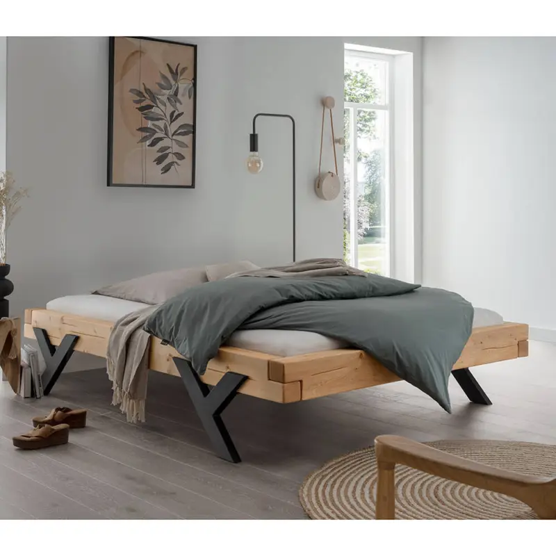 Massivholz Doppelbett, 140x200 cm, Fichte massiv, ohne Kopfteil, schwarze Beine in Y-Form, UPPSALA-137, B/H/T ca. 158/42/228 cm Bestpreis