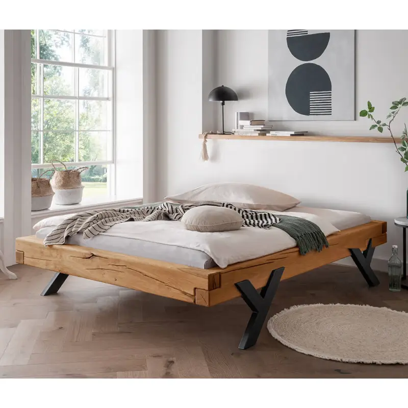Billig Massivholz Doppelbett, 180x200 cm, Eiche massiv, ohne Kopfteil, schwarze Beine in Y-Form, UPPSALA-137, B/H/T ca. 198/42/228 cm