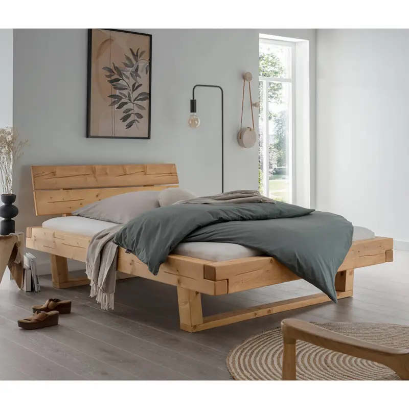 Massivholz Doppelbett, Fichte massiv, Holzkopfteil, Massivholzkufen, UPPSALA-137, in verschiedenen Breiten Direktkauf