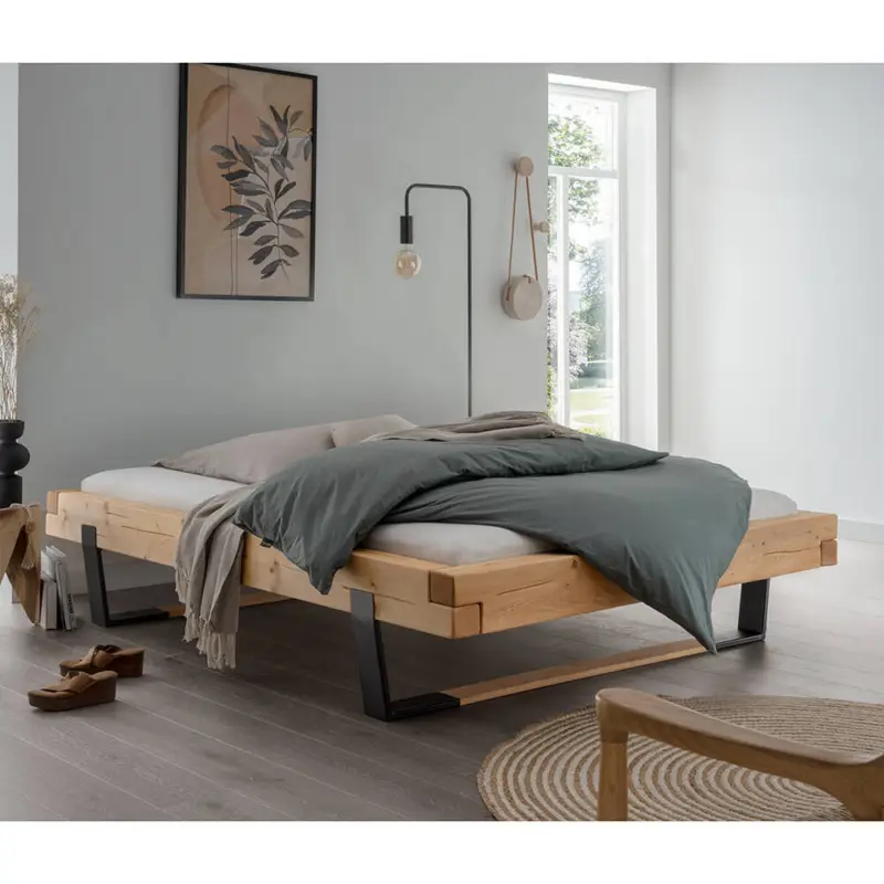 Nur Heute Massivholz Doppelbett, Fichte massiv, ohne Kopfteil, schwarze Metallkufen mit Massivholzeinsatz, UPPSALA-137, in verschiedenen Breiten