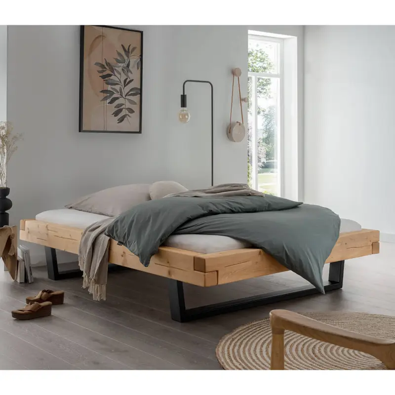 Massivholz Doppelbett, Fichte massiv, ohne Kopfteil, schwarze Metallkufen, UPPSALA-137, in verschiedenen Breiten Direktkauf