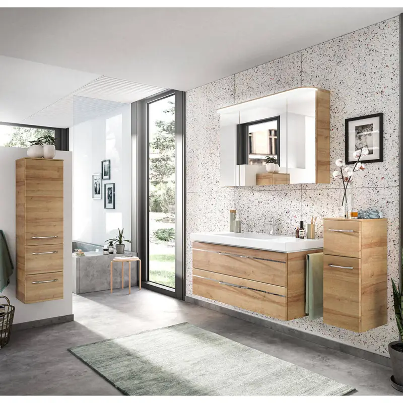 Badezimmer Komplett Set in Riviera Eiche quer Nb., inkl. Beleuchtung und Waschbecken, BUDVA-66, B/H/T ca. 215/200/49 cm Bestpreis