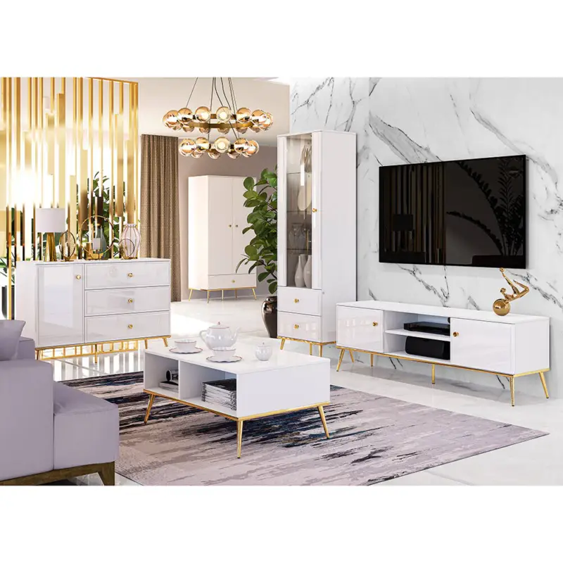 Wohnzimmer Komplett Set GUBIN-131 in weiß Hochglanz mit goldenen Akzenten Rabatt