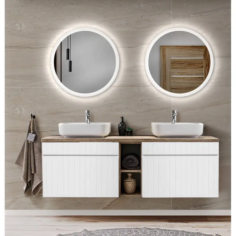 Top-Seller Badezimmer Waschplatz in weiß matt mit Vintage Eiche Nb. IRAKLIO-56 Doppelwaschbecken mit Unterschrank, 2 LED Spiegel, B/H/T: ca. 140,4/200/46 cm