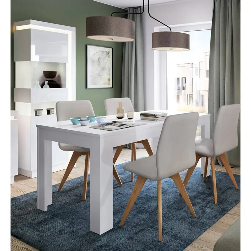 Echt Esszimmer Set, Vitrine + ausziehbarer Esstisch (140-180cm), inkl. indirekter Beleuchtung in weiß Hochglanz, LYNDHURST-129