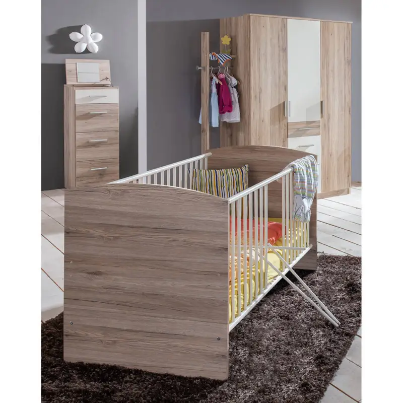 Babyzimmer mit Gitterbett, Kleiderschrank und Hochkommode JOHANNESBURG-43 in Eiche Nb. mit weiß Sofort Bestellen