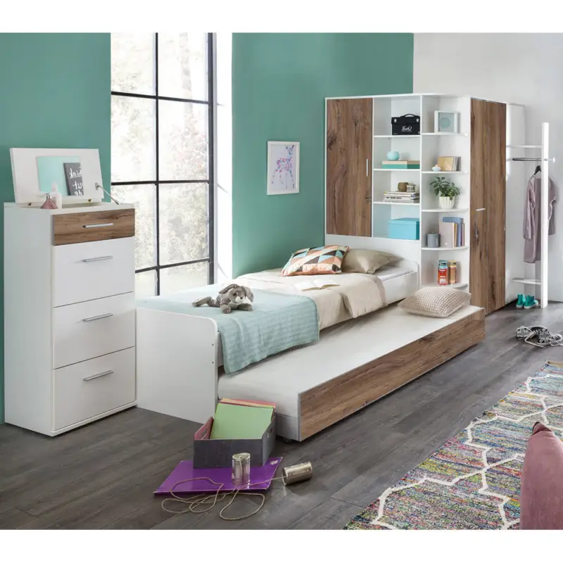 Teenagerbett mit Ausziehliege und Eckkleiderschrank, begehbar und beleuchtet und Hochkommode JOHANNESBURG-43 in weiß mit Eiche Nb., B/H/T: ca. 374/201/180 cm Billig