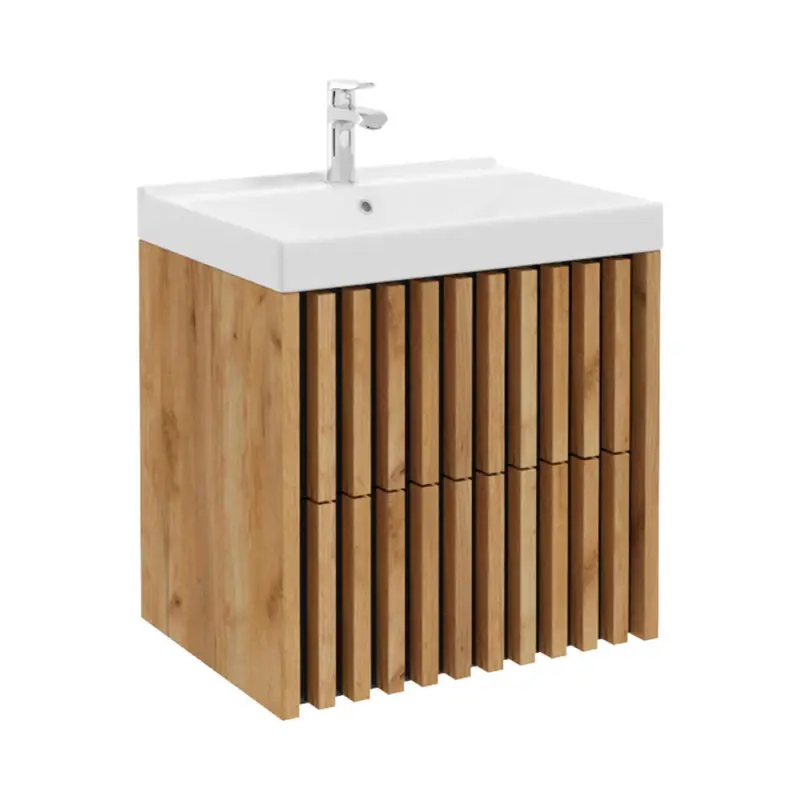 Top-Angebot Waschtischunterschrank 60 cm inkl. Waschbecken LUCCA-107 in Eiche Nb. mit Lamellenfronten, B/H/T: ca. 61/62,5/46 cm