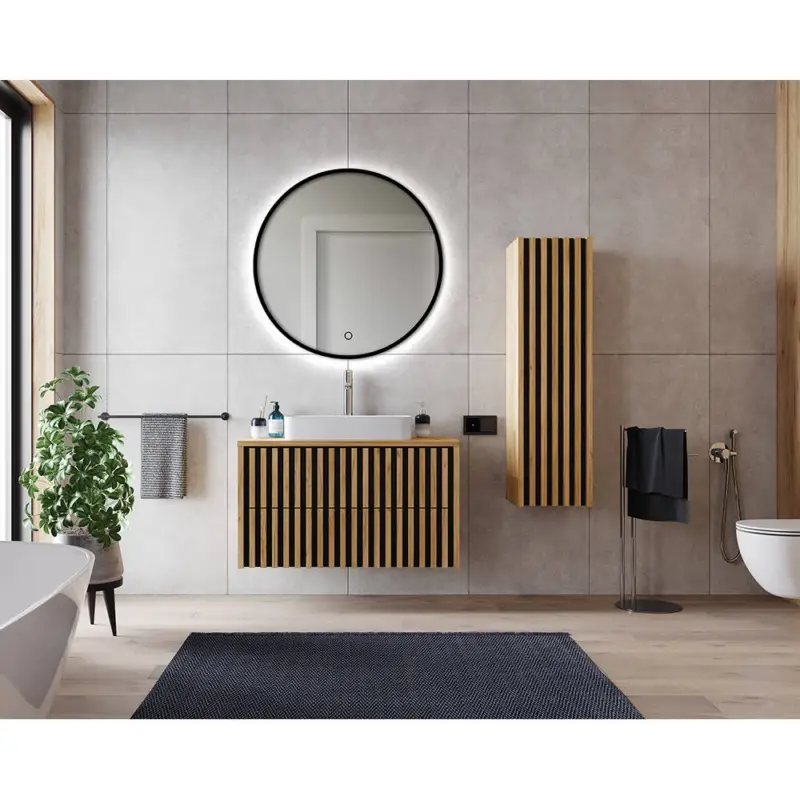 Badezimmermöbel Set inkl. Waschbecken und LED-Spiegel LUCCA-107 in Eiche Nb. mit Lamellenfronten, B/H/T: ca. 155/200/45,5 cm Top-Angebot