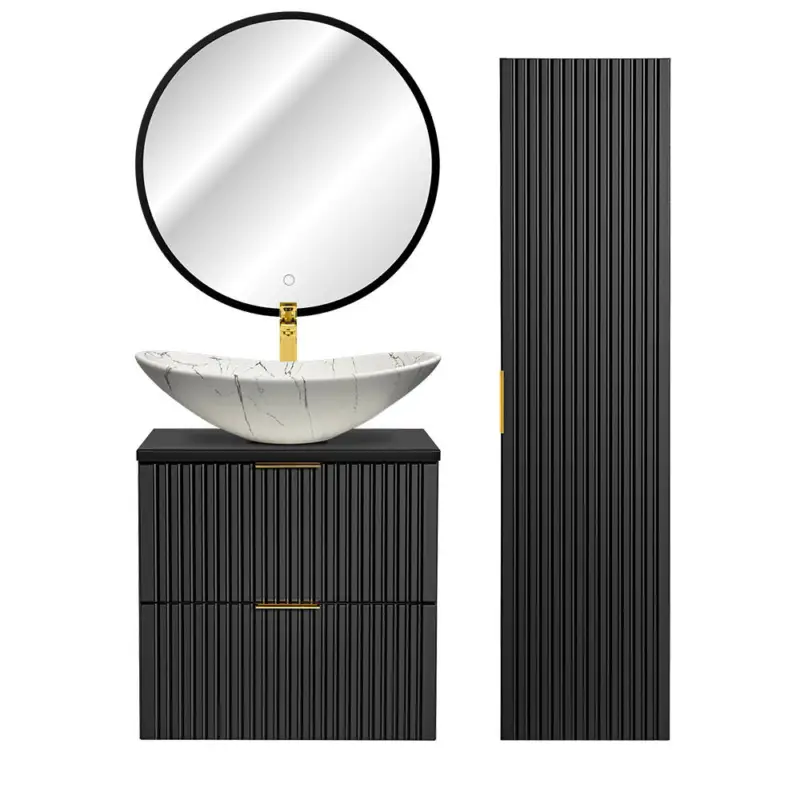 Abverkauf Badezimmer Möbel Set mit Hochschrank, LED Spiegel und Keramik Waschbecken, matt schwarz gerillt, ADELAIDE-56-BLACK, B/H/T ca. 130/200/46,5 cm