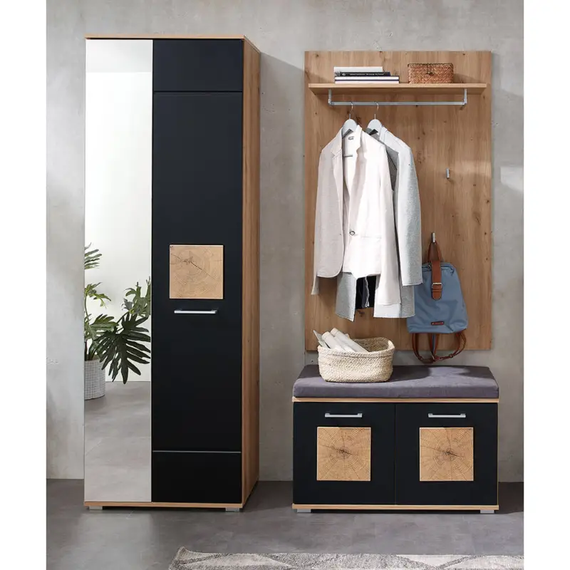 Garderoben-Set mit Garderobenschrank, Garderobenbank und Sitzpolster 3-teilig in Eiche mit schwarz supermatt, FARGO-36 Top-Preis