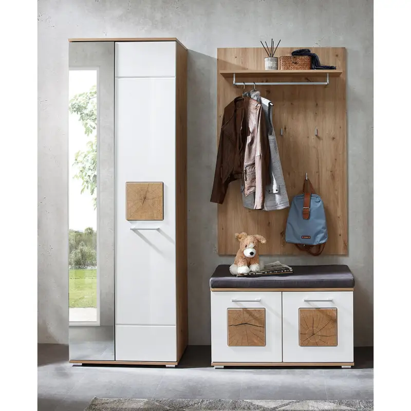 Expressversand Garderoben-Set mit Garderobenschrank, Garderobenbank und Sitzpolster 3-teilig in Eiche mit weiß Hochglanz, FARGO-36