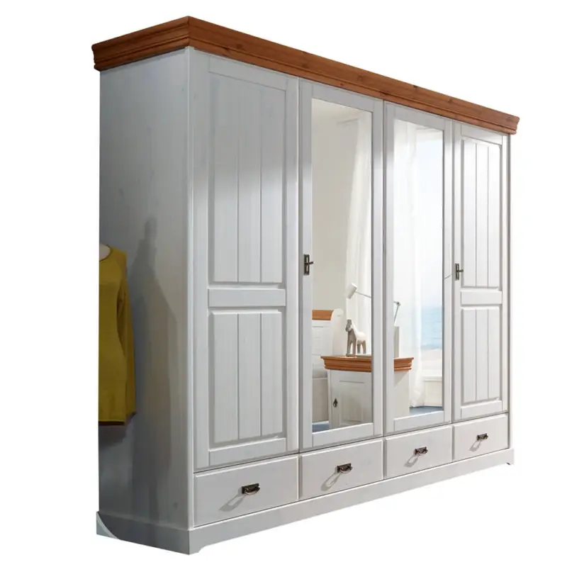 4-türiger Kleiderschrank SAVONA-69 in Kiefer massiv weiß mit honig, B/H/T: ca. 255/217/62 cm Meistverkauft