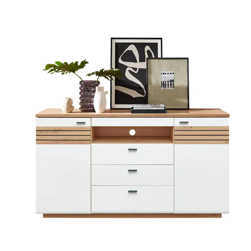 Sideboard mit Beleuchtung 175cm breit, weiß mit Eiche, FALLON-55 Günstig