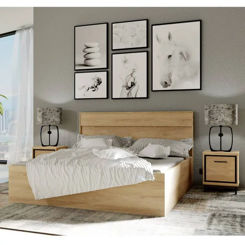 Doppelbett 140x200 cm mit 2 Nachttischen modern in Eiche MEGARA-161 Direkt Vom Hersteller