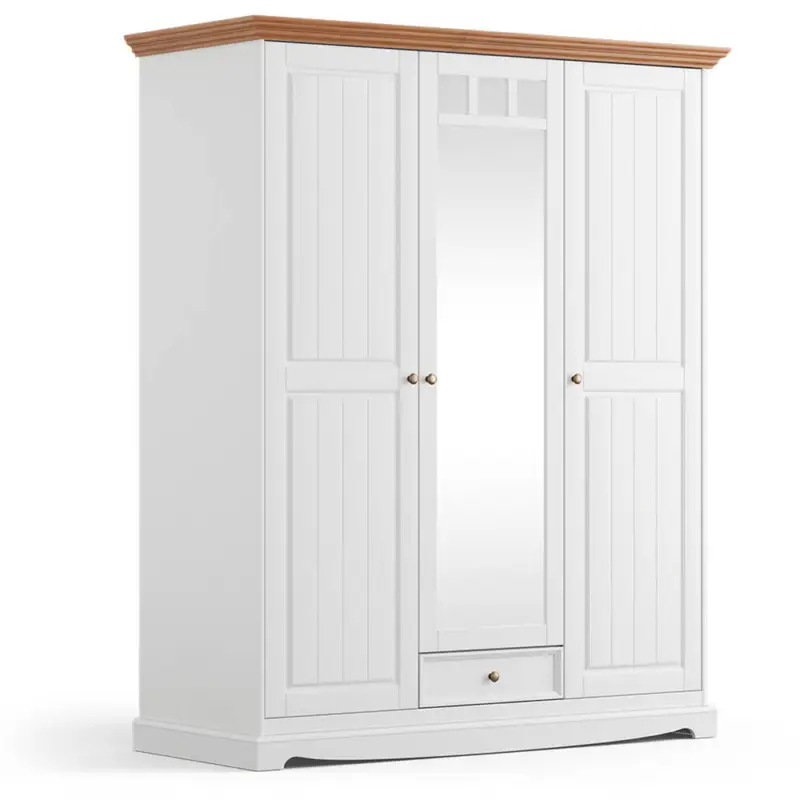 Kleiderschrank mit Spiegel Schlafzimmer, Massivholz in weiß mit Eiche Optik BORMIO-163 Preisreduziert