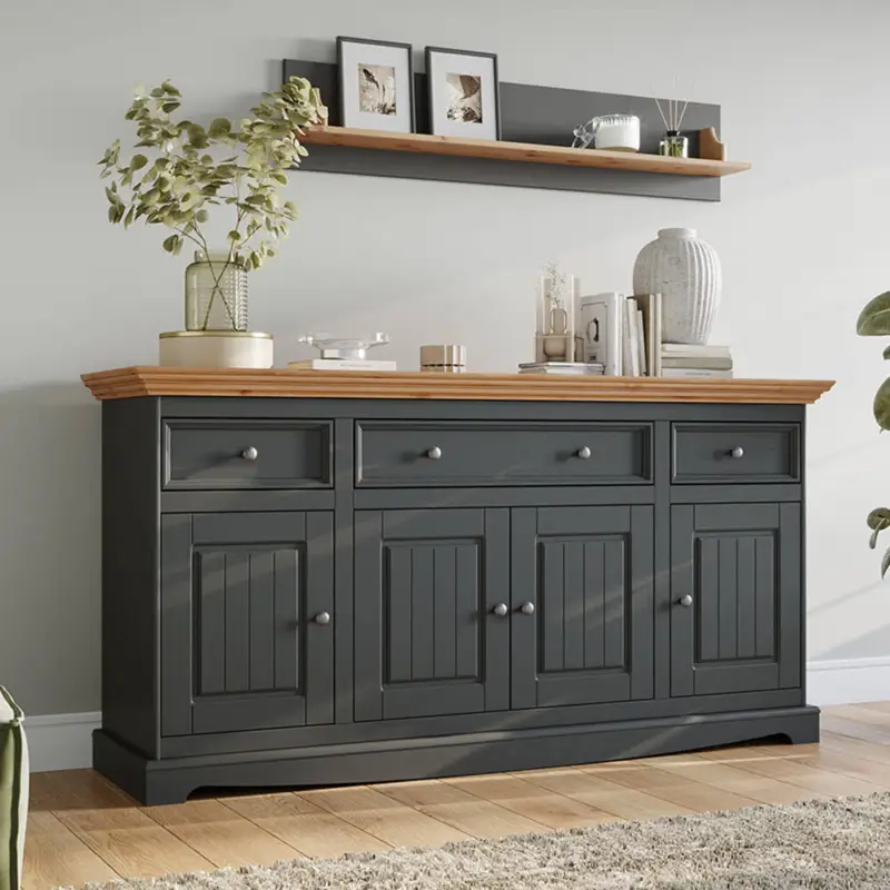 Neuheit Wohnzimmer Sideboard mit Wandboard, Massivholz in grau mit Kiefer Optik BORMIO-163, 2-teilig