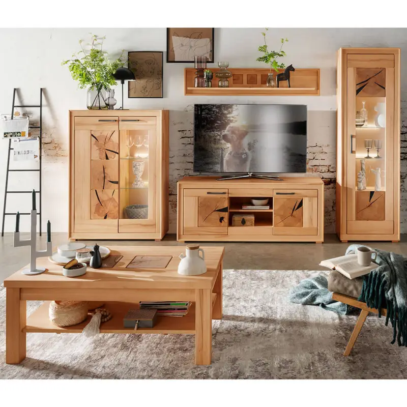 Wohnmöbel Set 5-teilig mit Beleuchtung, Kernbuche massiv geölt, montiert, WINNIPEG-69 mit Couchtisch Bestseller