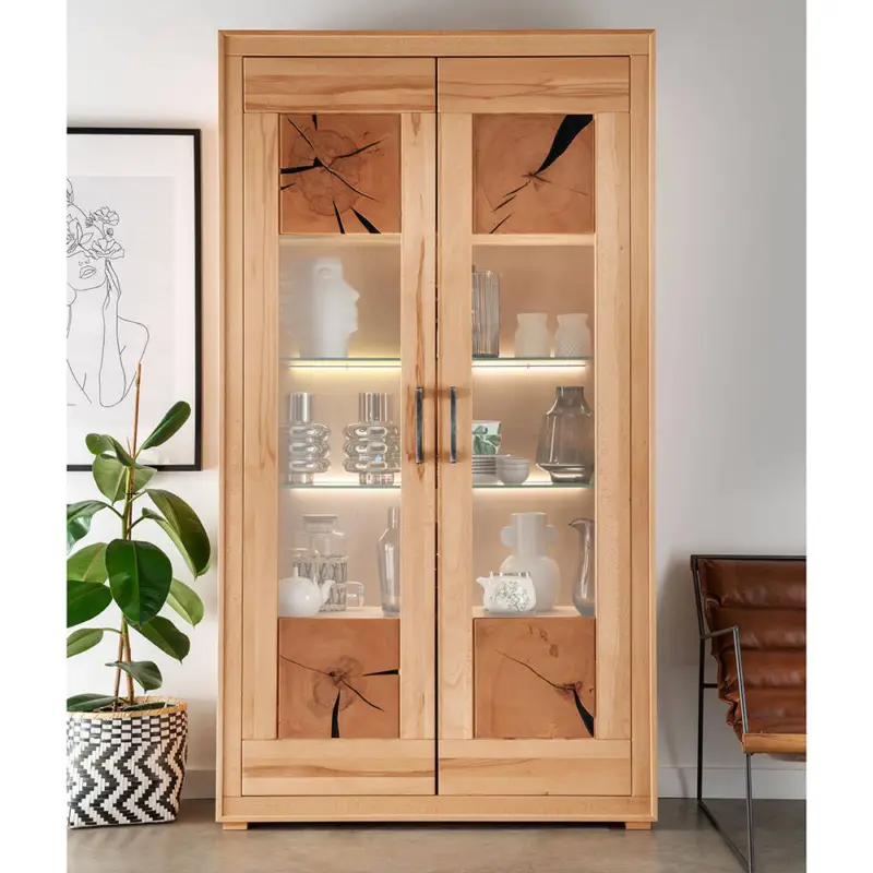 Preiswert Vitrine 110cm mit Beleuchtung, Kernbuche massiv geölt, montiert, WINNIPEG-69