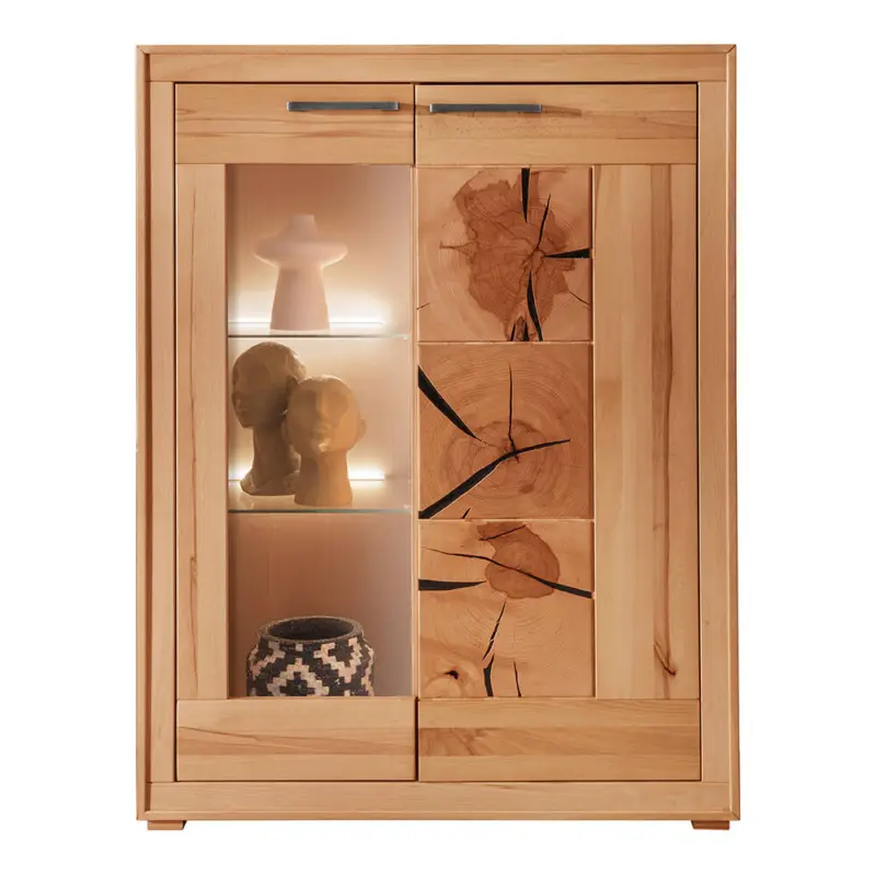 Highboard 103cm breit mit Beleuchtung, Kernbuche massiv geölt, montiert, WINNIPEG-69 Bestseller