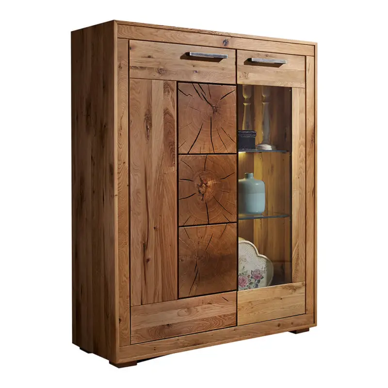 Highboard 103cm breit mit Beleuchtung, Wildeiche massiv geölt, montiert, WINNIPEG-69 Jetzt Kaufen