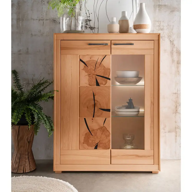 Highboard 103cm breit, Kernbuche massiv geölt, optional mit Beleuchtung, montiert, WINNIPEG-69 Sichere Zahlung