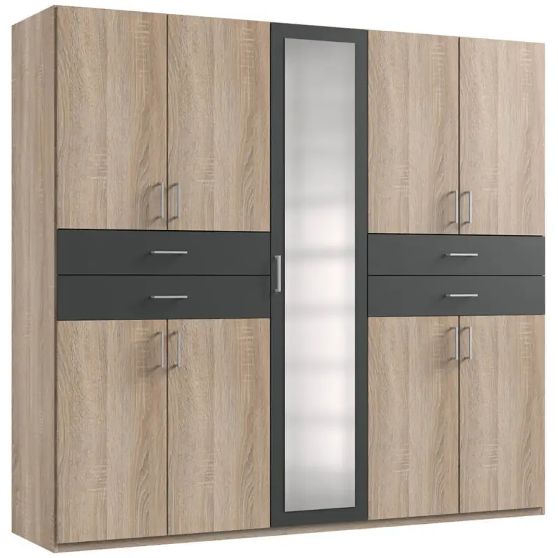 Garantierte Lieferung Kleiderschrank mit Spiegel, 225 cm breit modern in Eiche sägerau mit graphit TREVISO-43