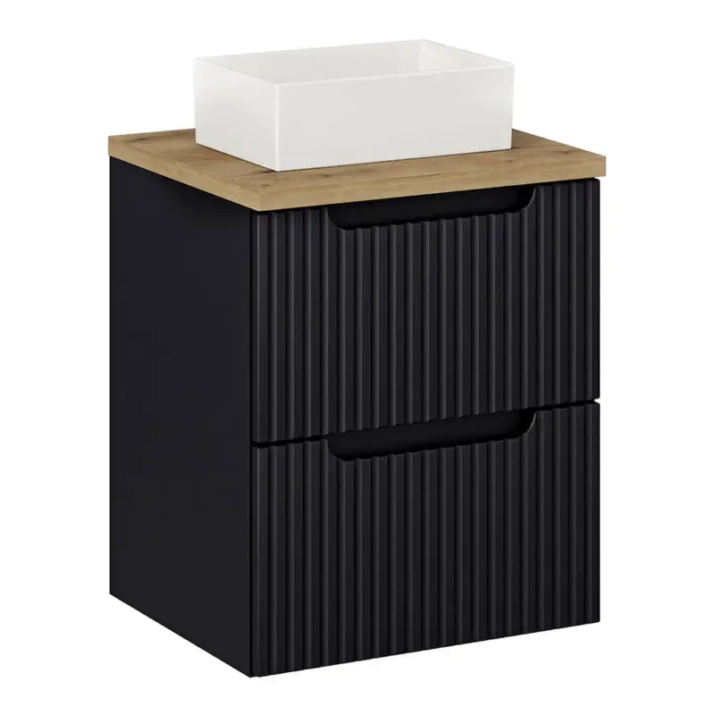 Preisreduziert Waschtisch 50cm, in schwarz mit Eiche, gerillte Front, NEWPORT-56-BLACK