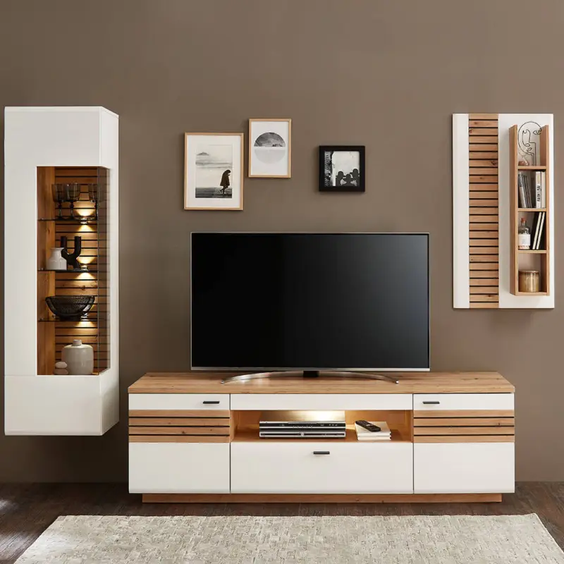 Wohnwand, weiß mit Eiche, FALLON-55, modern, 3-teilig, inkl. Beleuchtung Expressversand