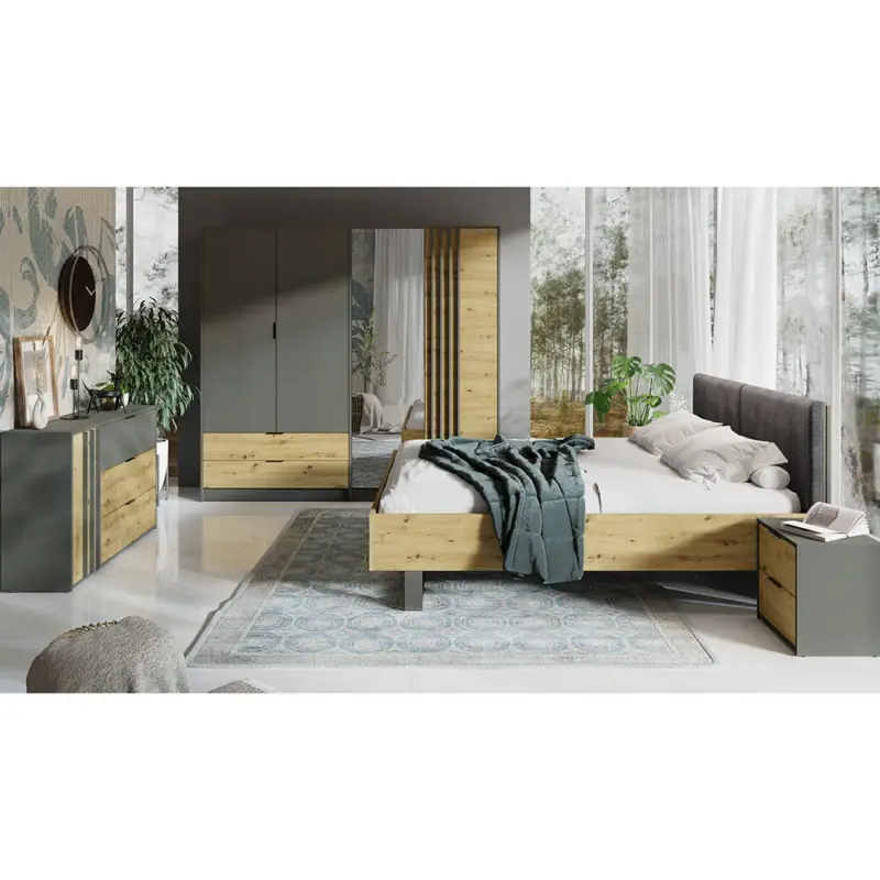 Jetzt Bestellen Schlafzimmer Komplett Set 4-teilig mit Bettgestell 180x200 cm modern in grau mit Eiche RAGUSA-166