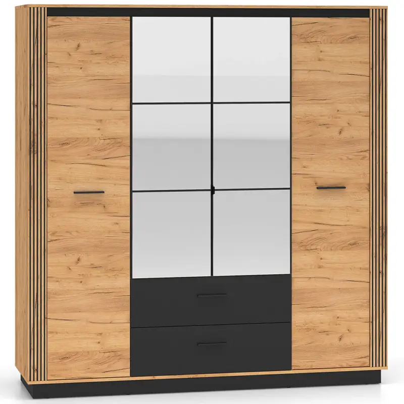 Kleiderschrank 200 cm breit 4 Türig modern in Eiche mit schwarz URBANIA-131 Abverkauf