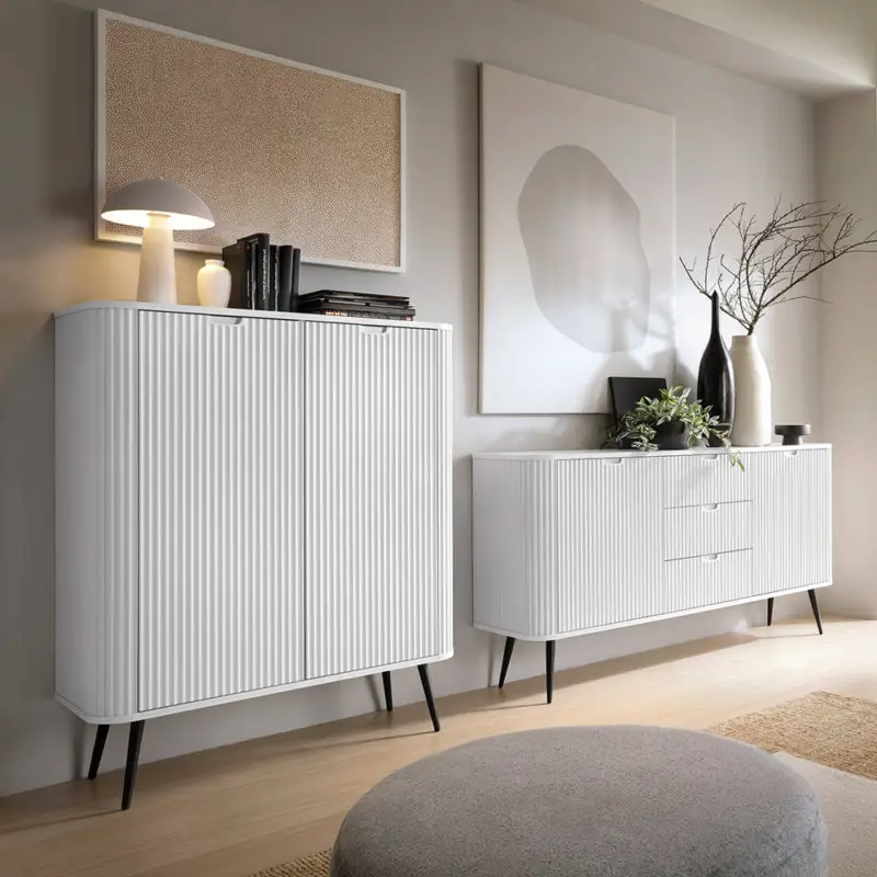 Sonderangebot Wohnzimmer Set weiß gerillt, Highboard und Sideboard, Füße schwarz, ZARA-160