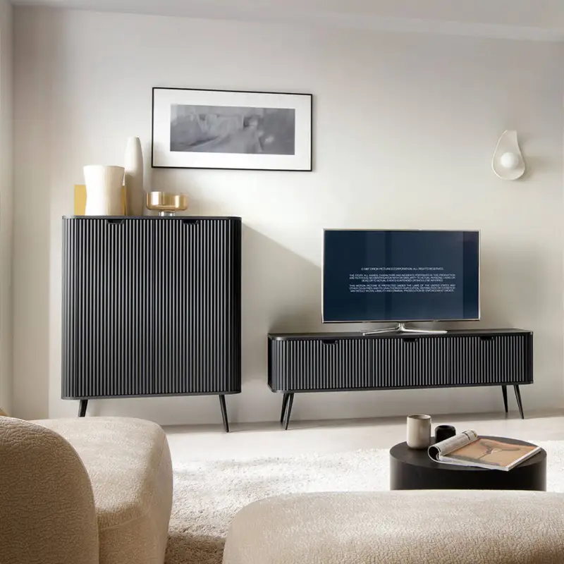 Neuheit Wohnzimmer Set schwarz gerillt, Highboard und Lowboard, Füße schwarz, ZARA-160