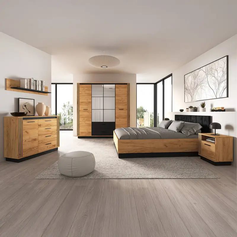 Sonderaktion Schlafzimmer Komplettset mit Bett 140x200 cm inkl. Bettkasten in Eiche mit schwarz URBANIA-131
