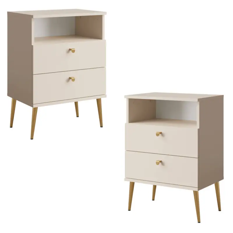 Nachtschrank 2er Set beige mit Metallfüßen goldfarben HULL-166 Aktuell