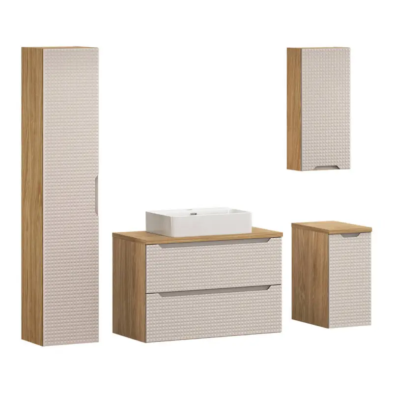 Abverkauf Badmöbel Set 4-teilig mit 90 cm Waschtisch, LONDON-56-BEIGE, in Eiche mit beige