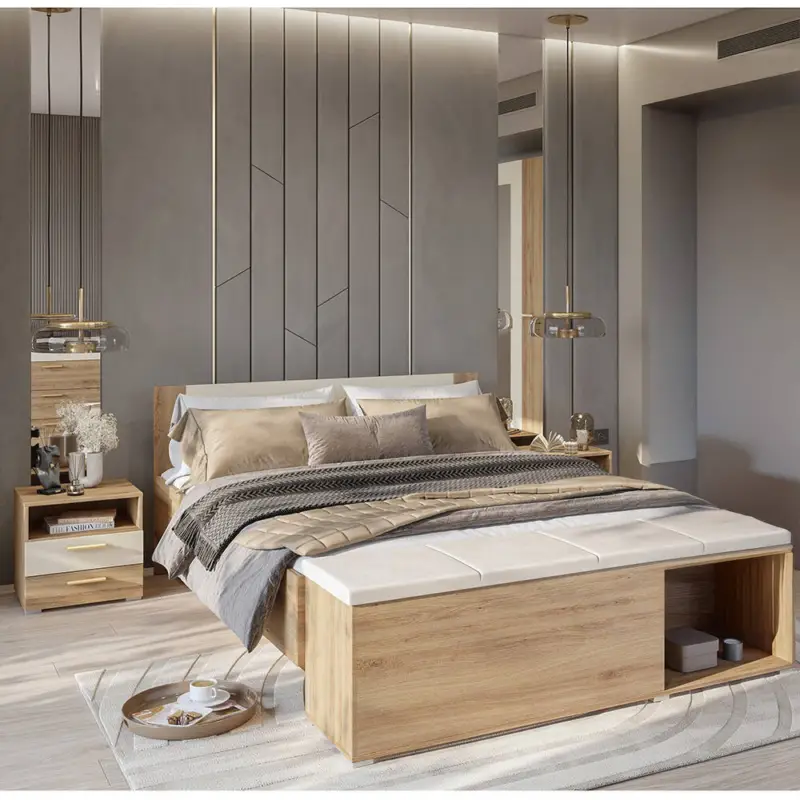Schlafzimmer Set inkl. Bettgestell 160x200 cm Liegefläche in Eiche mit beige VARESE-83 Online Kaufen