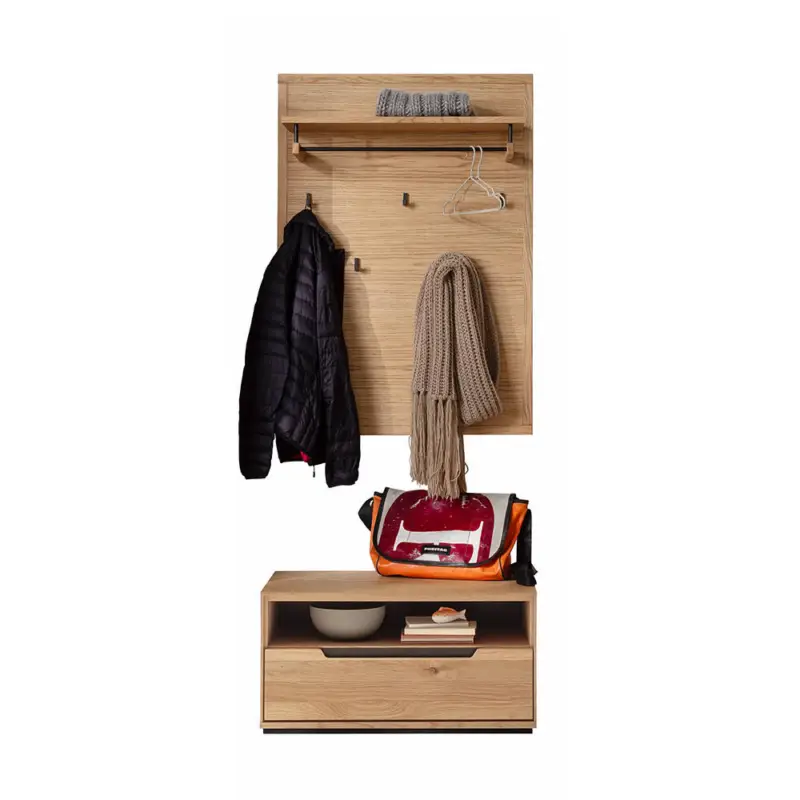 Garderoben-Set mit Paneel & Schuhbank in Eiche teilmassiv, 2-teilig - AVESTA-06 Markenprodukt