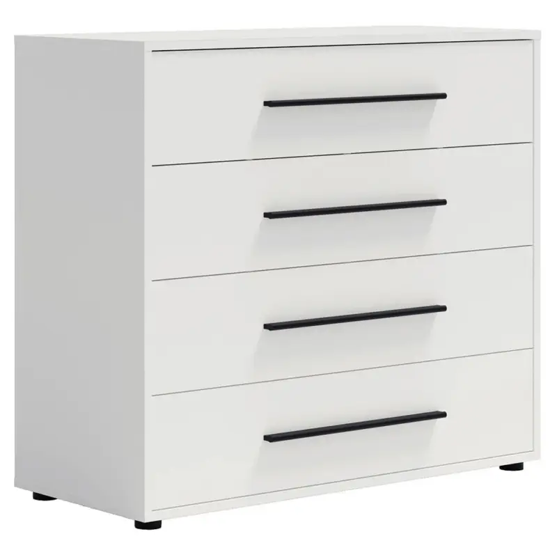 Schlafzimmer Kommode mit 98 cm Breite, weiß matt mit schwarzen Griffen, mit 4 Schubladen - MOLLERUSA-132 Garantierte Lieferung