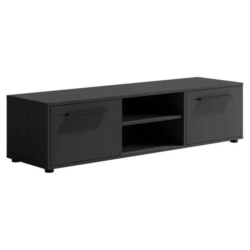Online Kaufen Wohnzimmer Lowboard mit 150 cm Breite, schwarz matt mit schwarzen Griffen, mit 2 offenen Fächern & 2 Klappen - MOLLERUSA-132