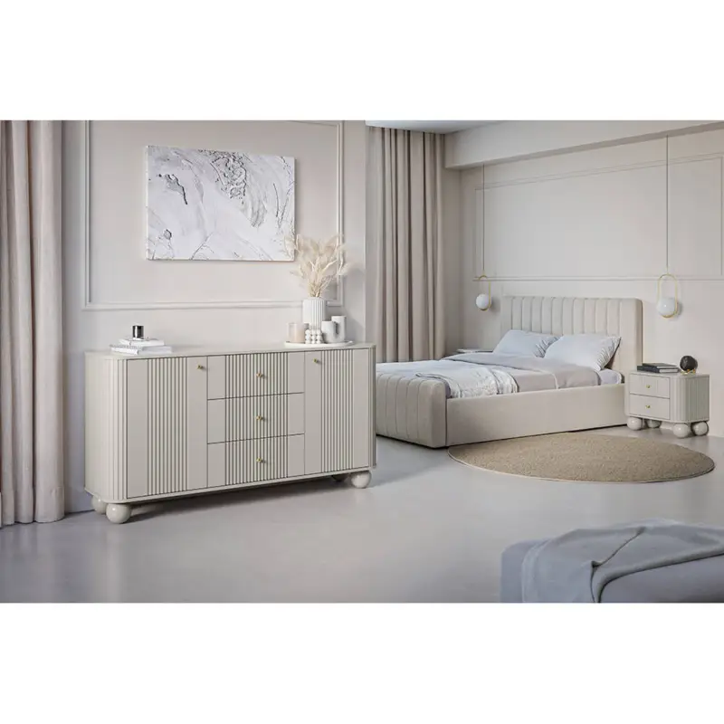 Knallerangebot Schlafzimmer Kommode und Nachttisch 2er Set, in Kaschmir mit goldfarbenen Griffen & Kugelfüßen - VIRGINIA-141