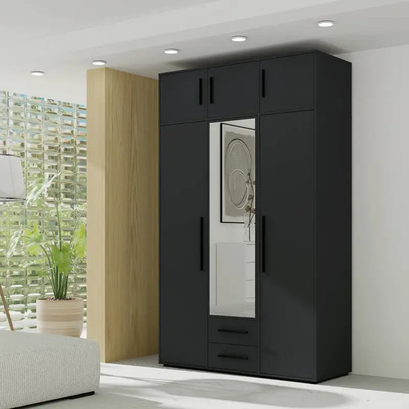 Sichere Zahlung Schlafzimmer Kleiderschrank mit Aufsatzschrank, 150 cm breit, schwarz matt mit schwarzen Griffen, 6 Türen & 2 Schubladen - MOLLERUSA-132