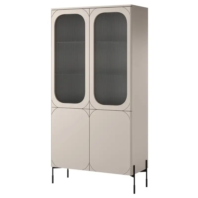 Nur Heute Wohnzimmer-Vitrinenschrank mit 104 cm Breite in kaschmir matt, Ornamentglas Türen, Metallfüße - SPLIT-141
