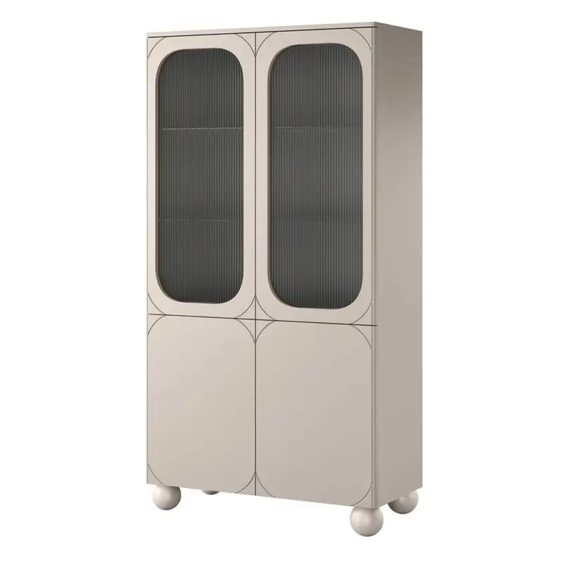 Wohnzimmer-Vitrinenschrank mit 100 cm Breite in kaschmir matt, Kugelfüße, Ornamentglas Türen - SPLIT-141 Nur Heute