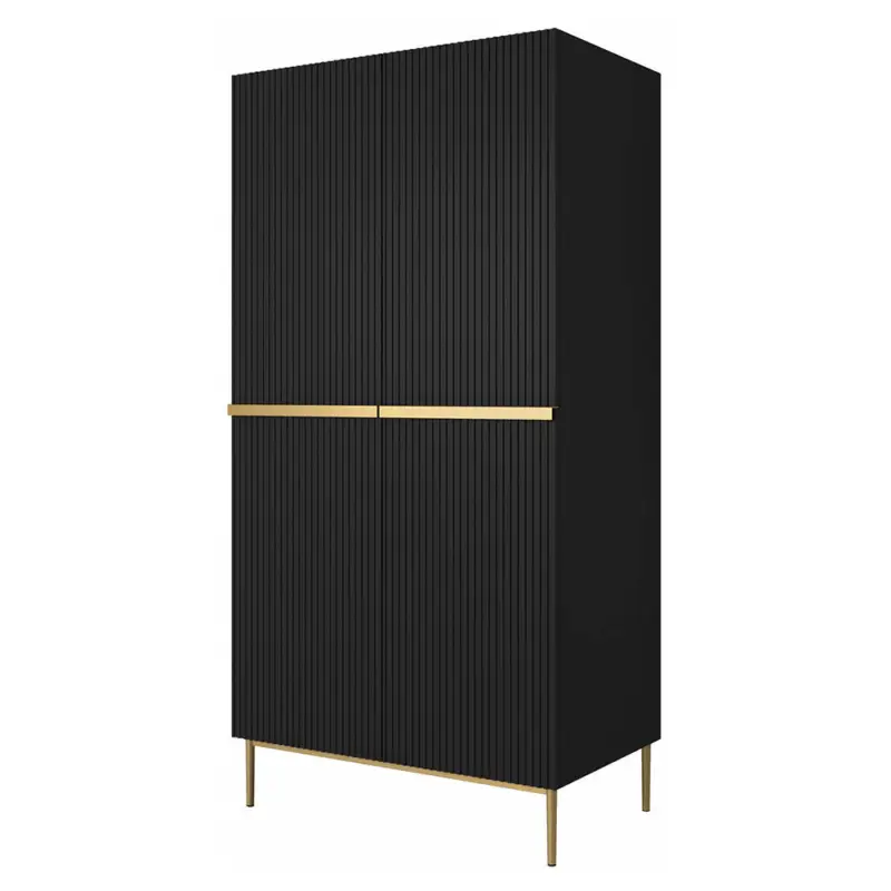 Schlafzimmer Kleiderschrank mit 100 cm Breite in schwarz matt mit goldenen Füßen & Griffleisten, 2 Türen mit gerillter Front - NAVASOTA-141 Must-Have