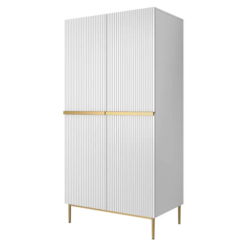 Schlafzimmer Kleiderschrank mit 100 cm Breite in weiß matt mit goldenen Füßen & Griffleisten, 2 Türen & 2 innenliegende Schubladen mit gerillter Front - NAVASOTA-141 Jetzt Kaufen